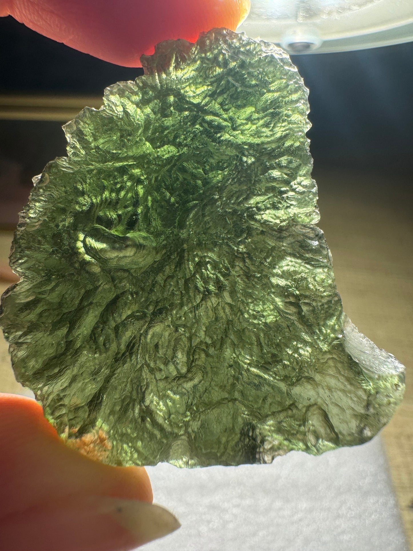 Moldavite Chlum 13.1g deep texture Nesmen Les deep texture. Free form Apple green