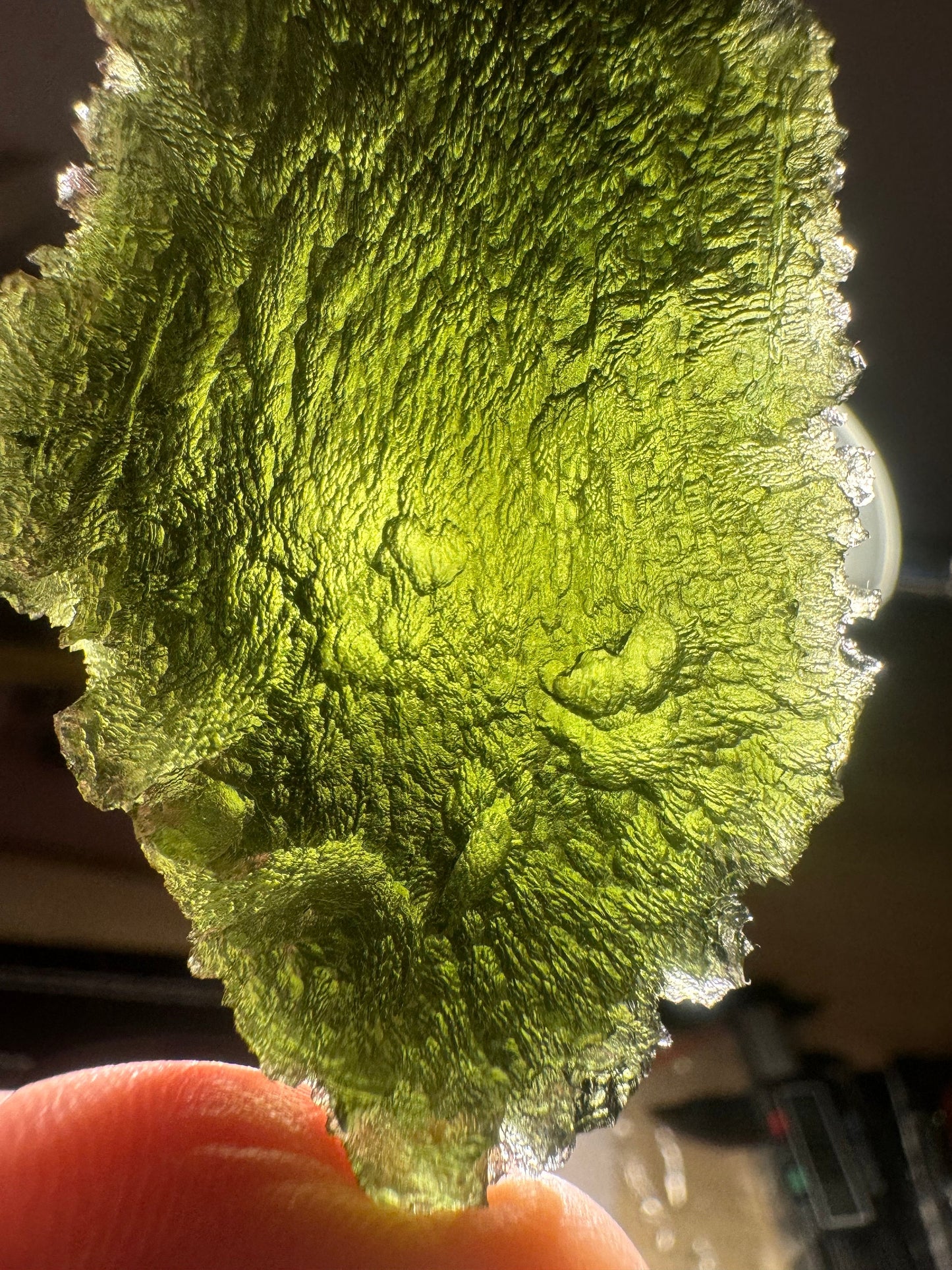 Moldavite Marouskovo Pole - 42.8G- deep texture - green and self standing with a hart shape imprint