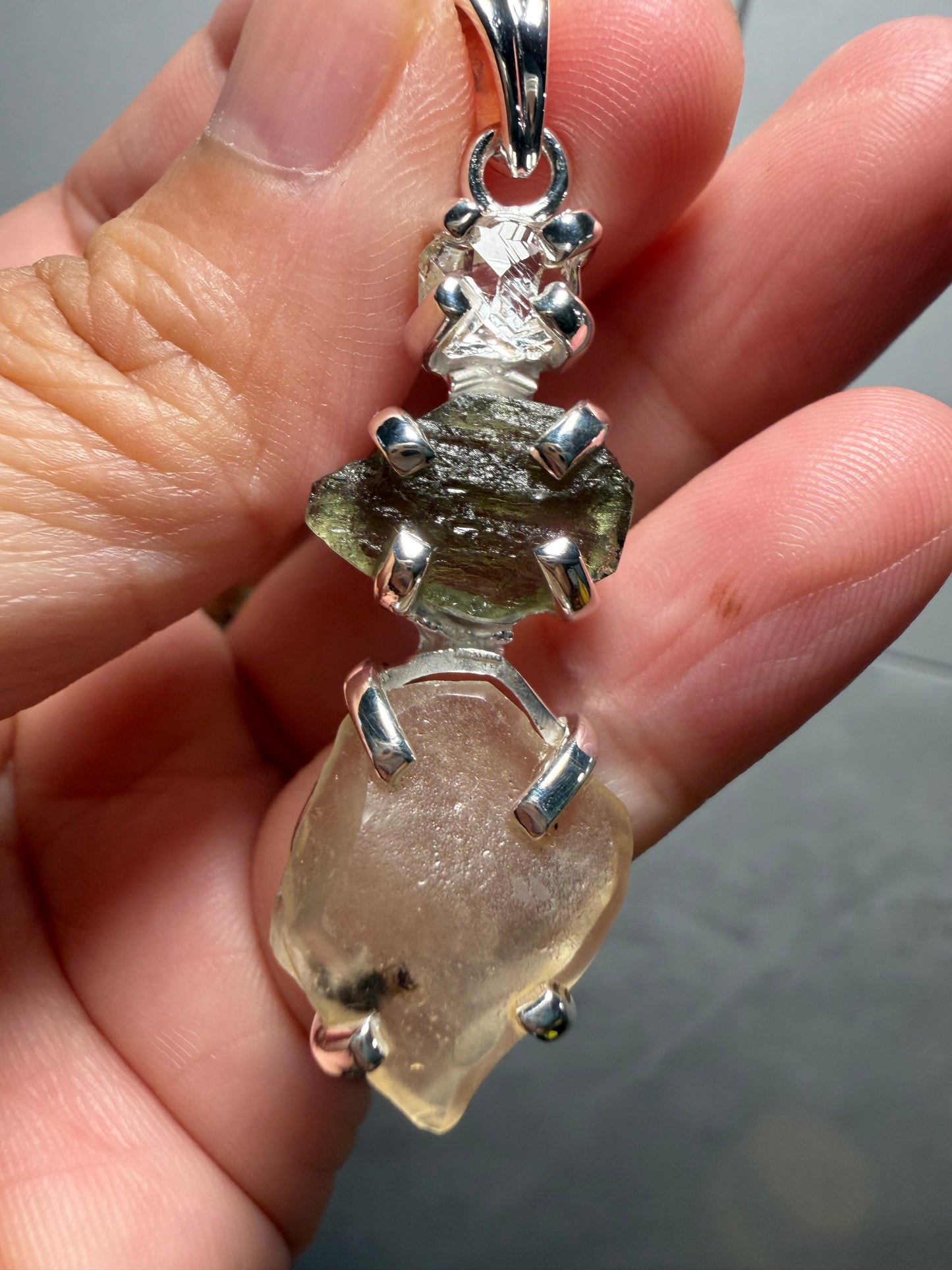 Trio 925 silver pendant moldavite LDG Herkimer