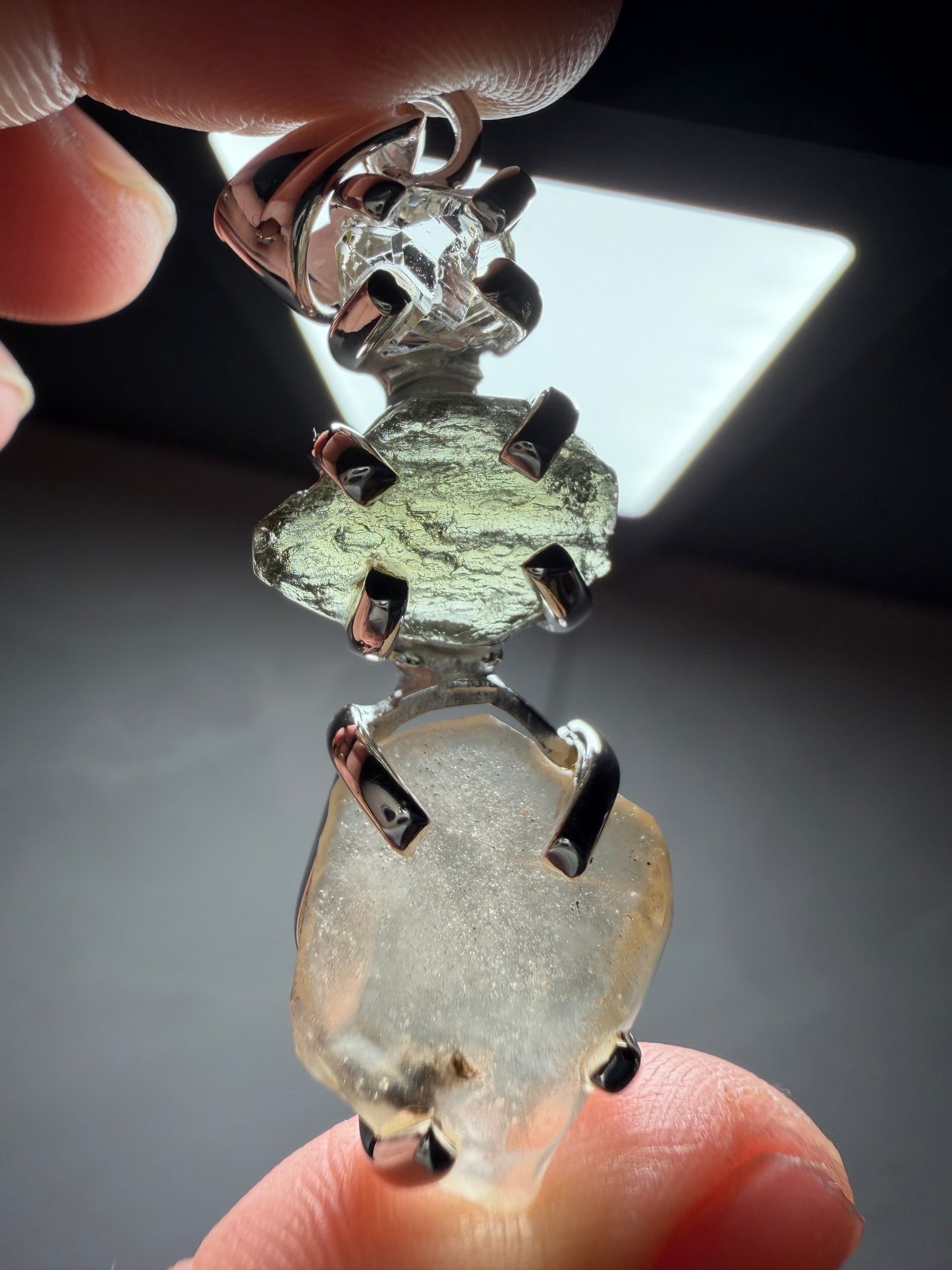 Trio 925 silver pendant moldavite LDG Herkimer