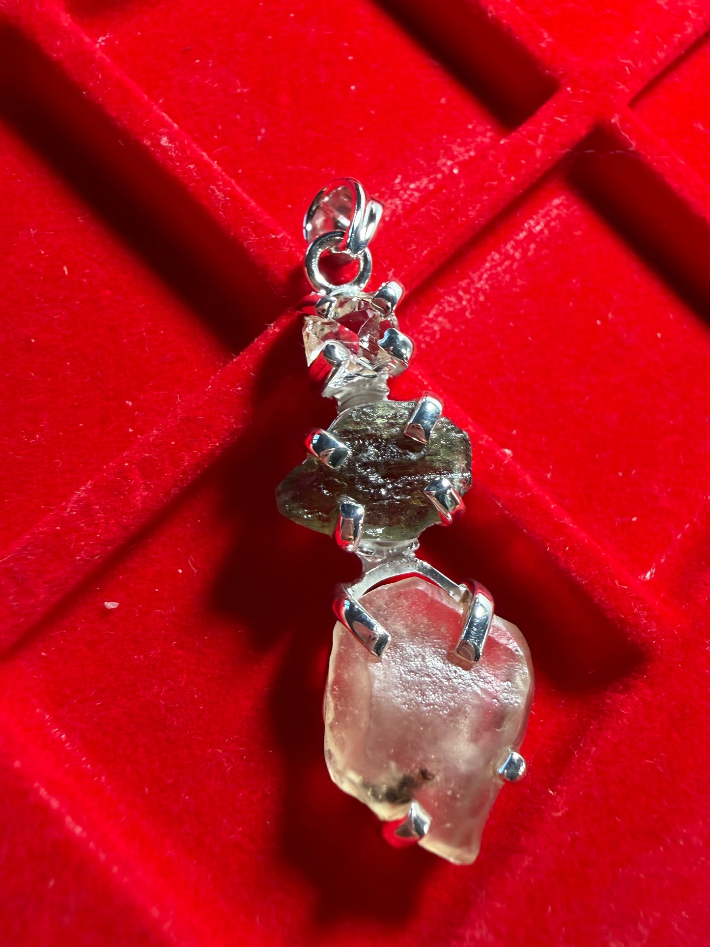 Trio 925 silver pendant moldavite LDG Herkimer