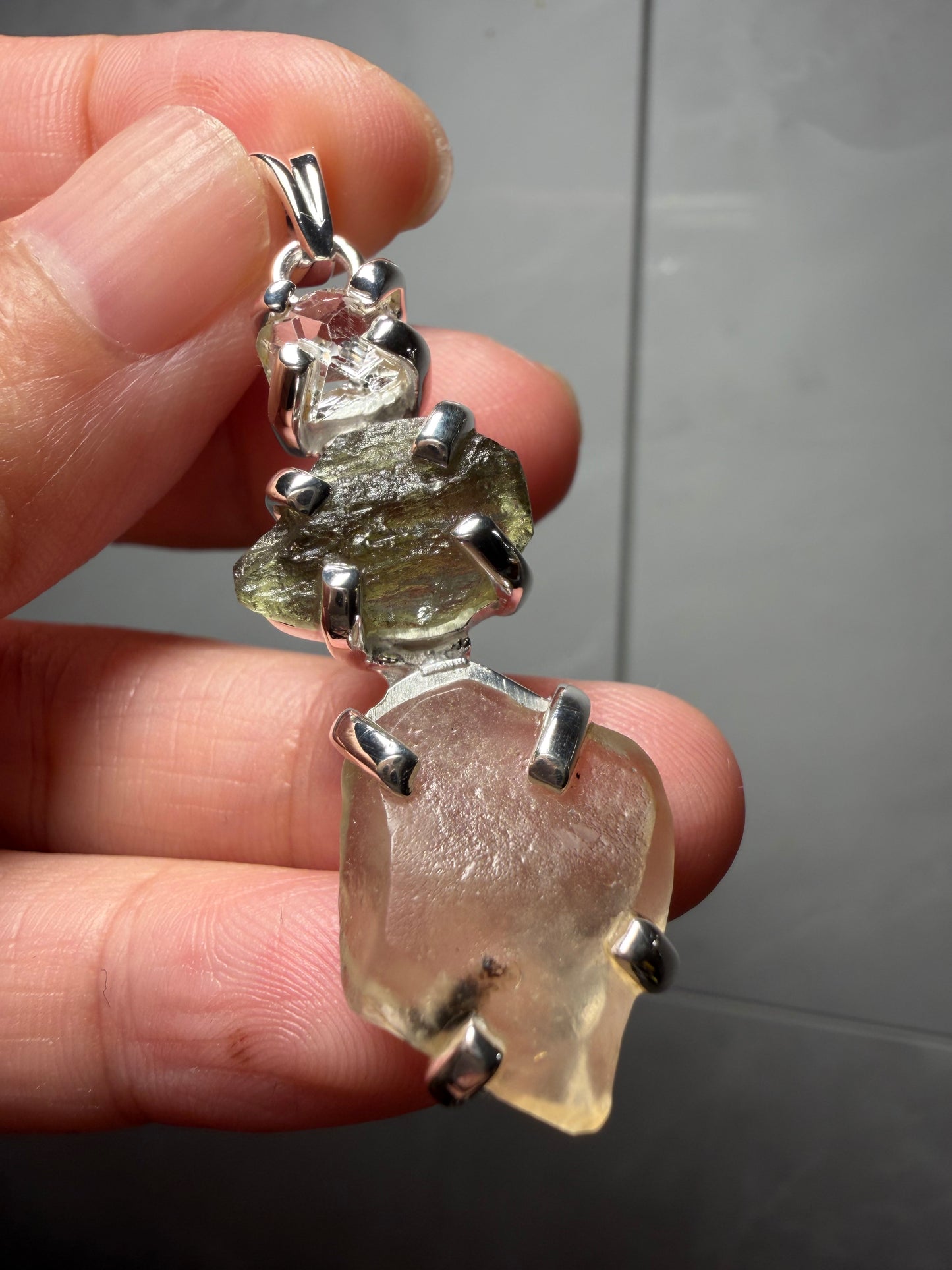 Trio 925 silver pendant moldavite LDG Herkimer