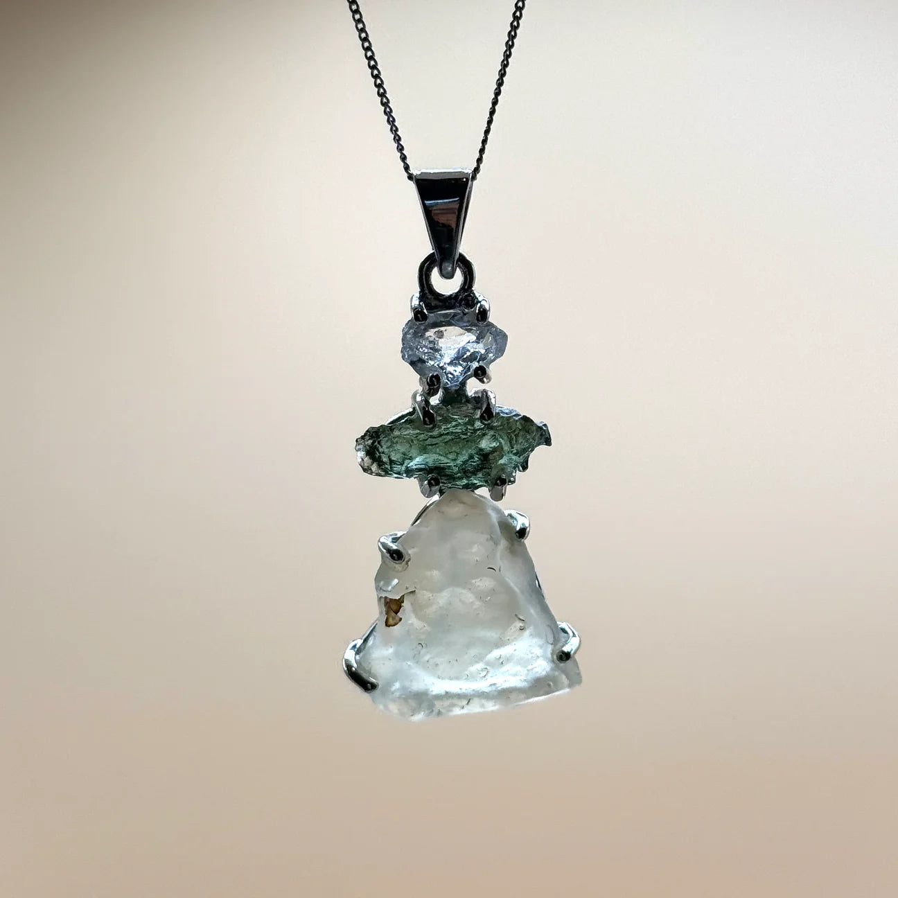 Trio 925 silver pendant moldavite LDG Herkimer