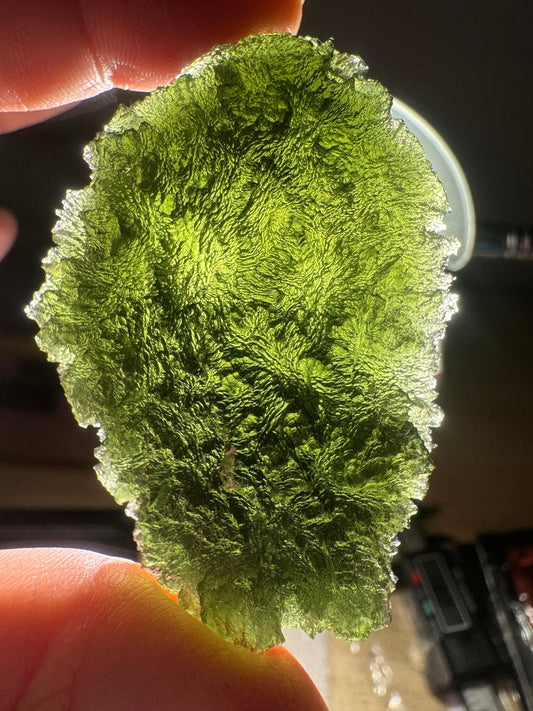 Moldavite Marouskovo Pole - 42.8G- deep texture - green and self standing with a hart shape imprint