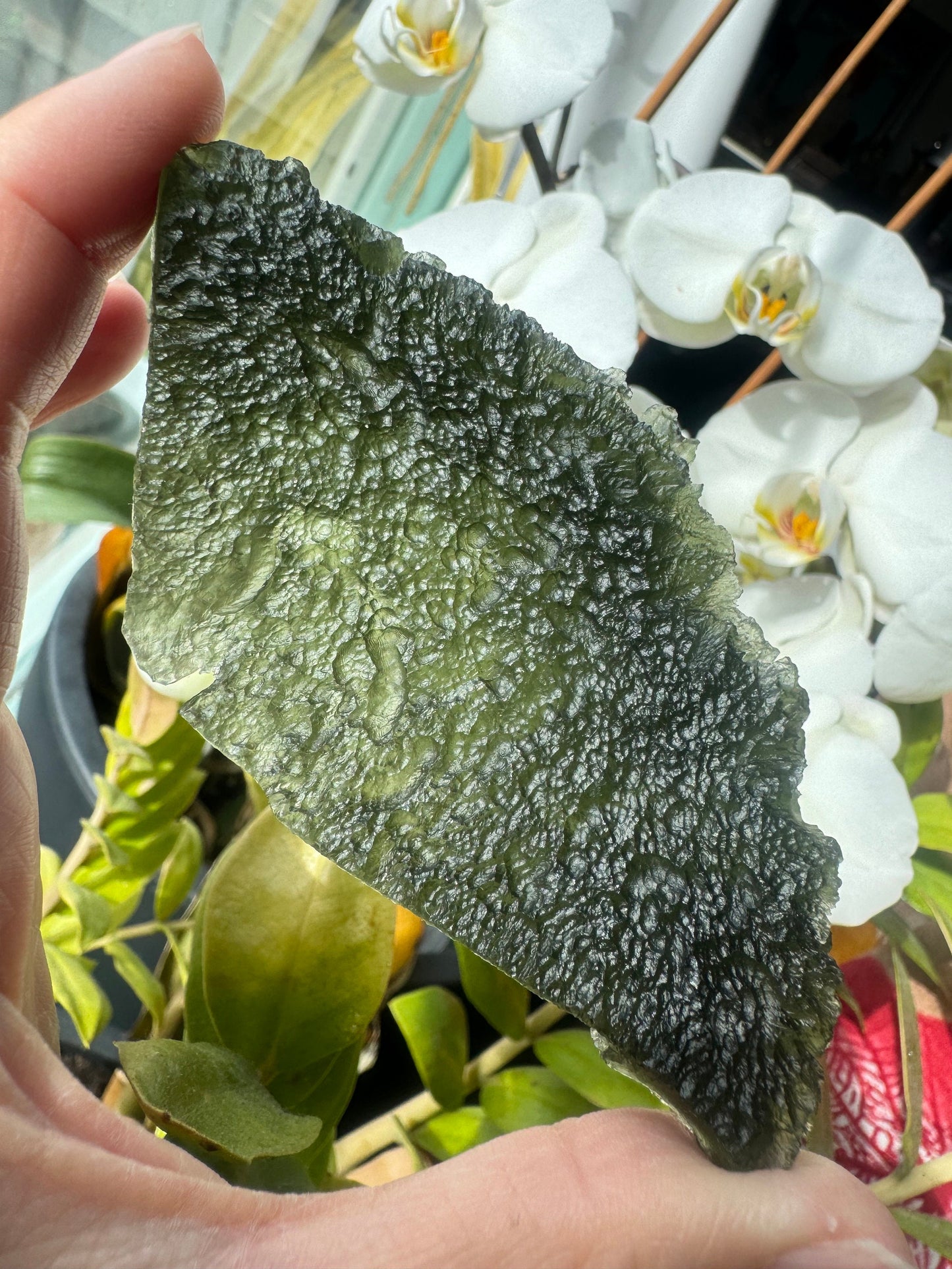 Huge Moldavite Chlum 57.8g deep texture no damages. Angel chime rare with a natural curving tunnel