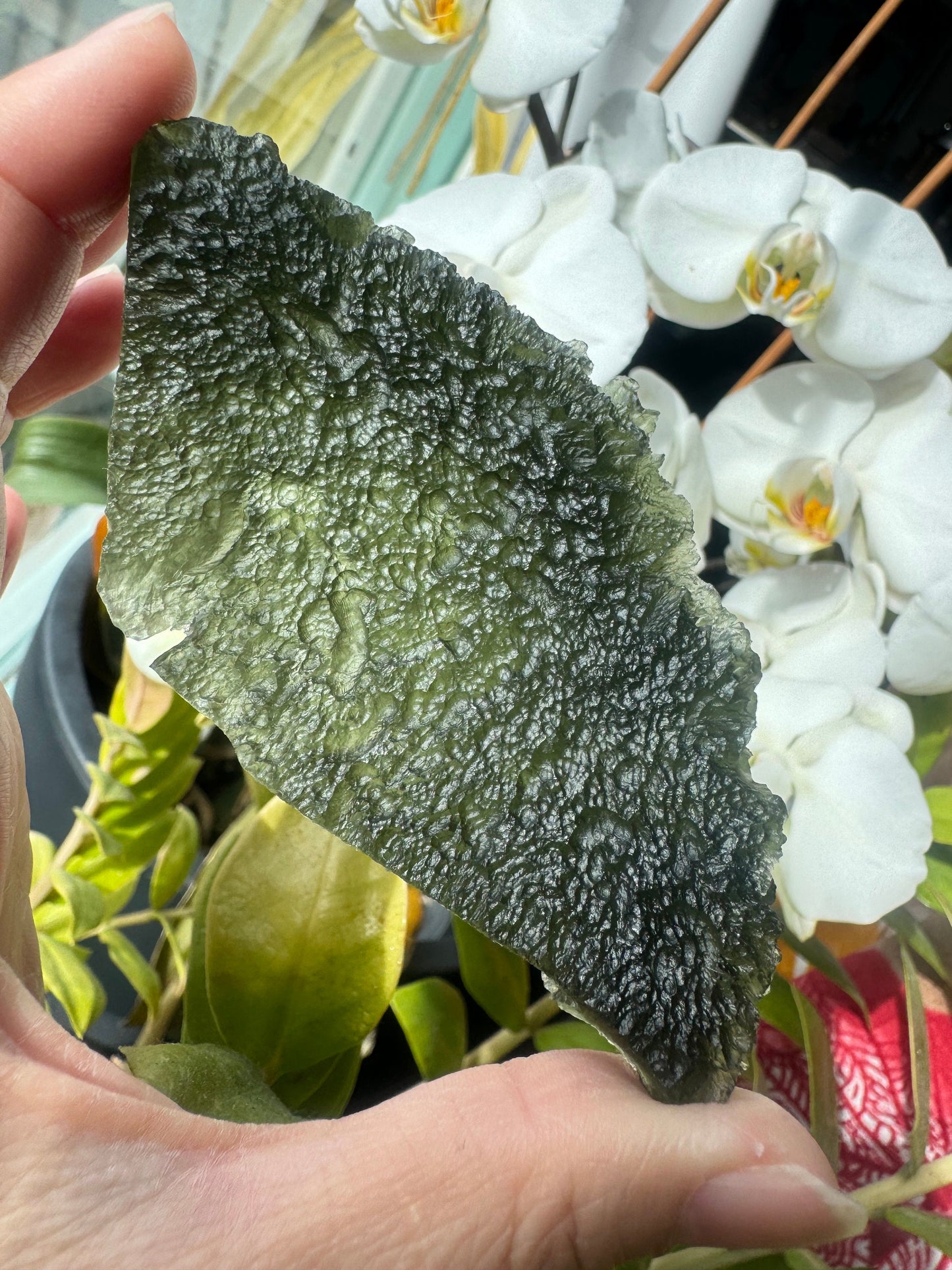 Huge Moldavite Chlum 57.8g deep texture no damages. Angel chime rare with a natural curving tunnel