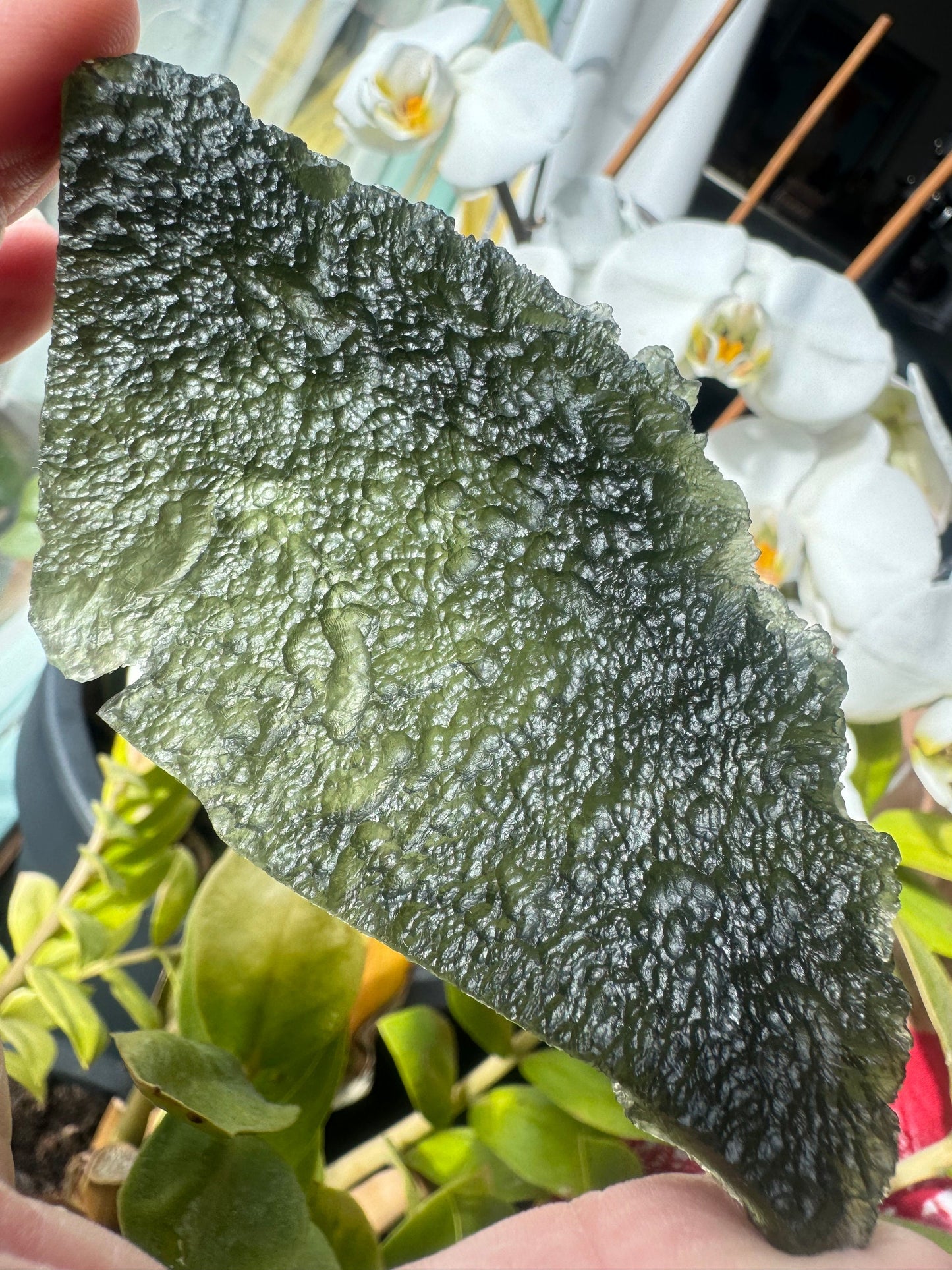 Huge Moldavite Chlum 57.8g deep texture no damages. Angel chime rare with a natural curving tunnel