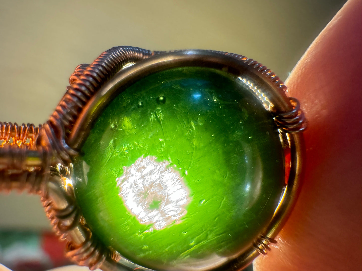 Authentic Moldavite sphere pendant deep green color, rare size 15.1mm . 21.8carats.