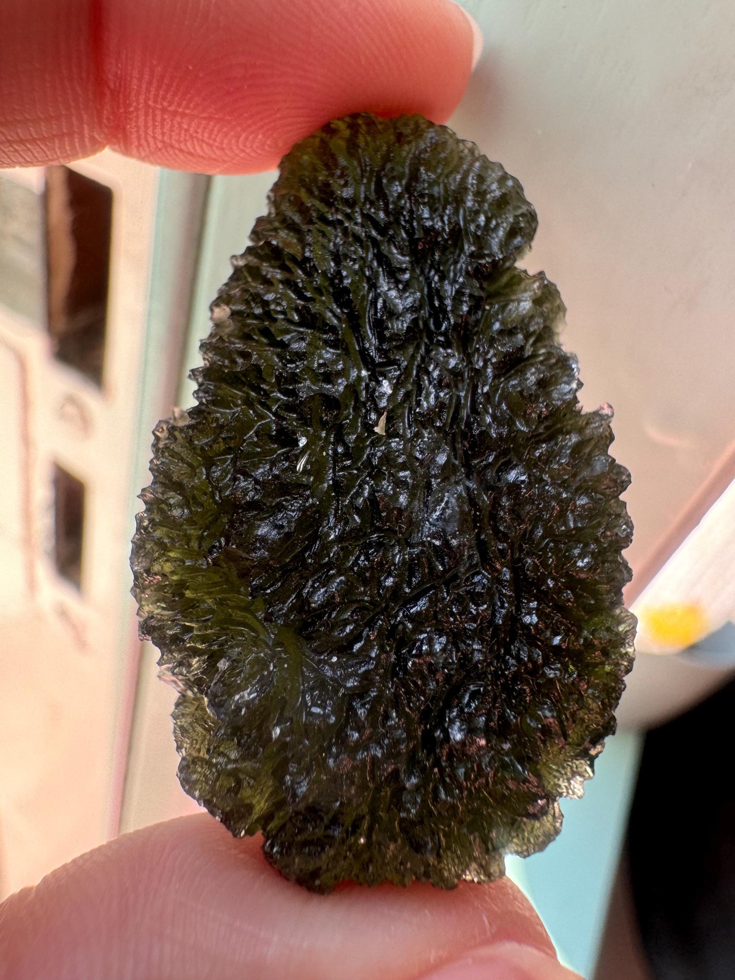 18.12 g Moldavite Chlum drop shape good condition beautiful texture.