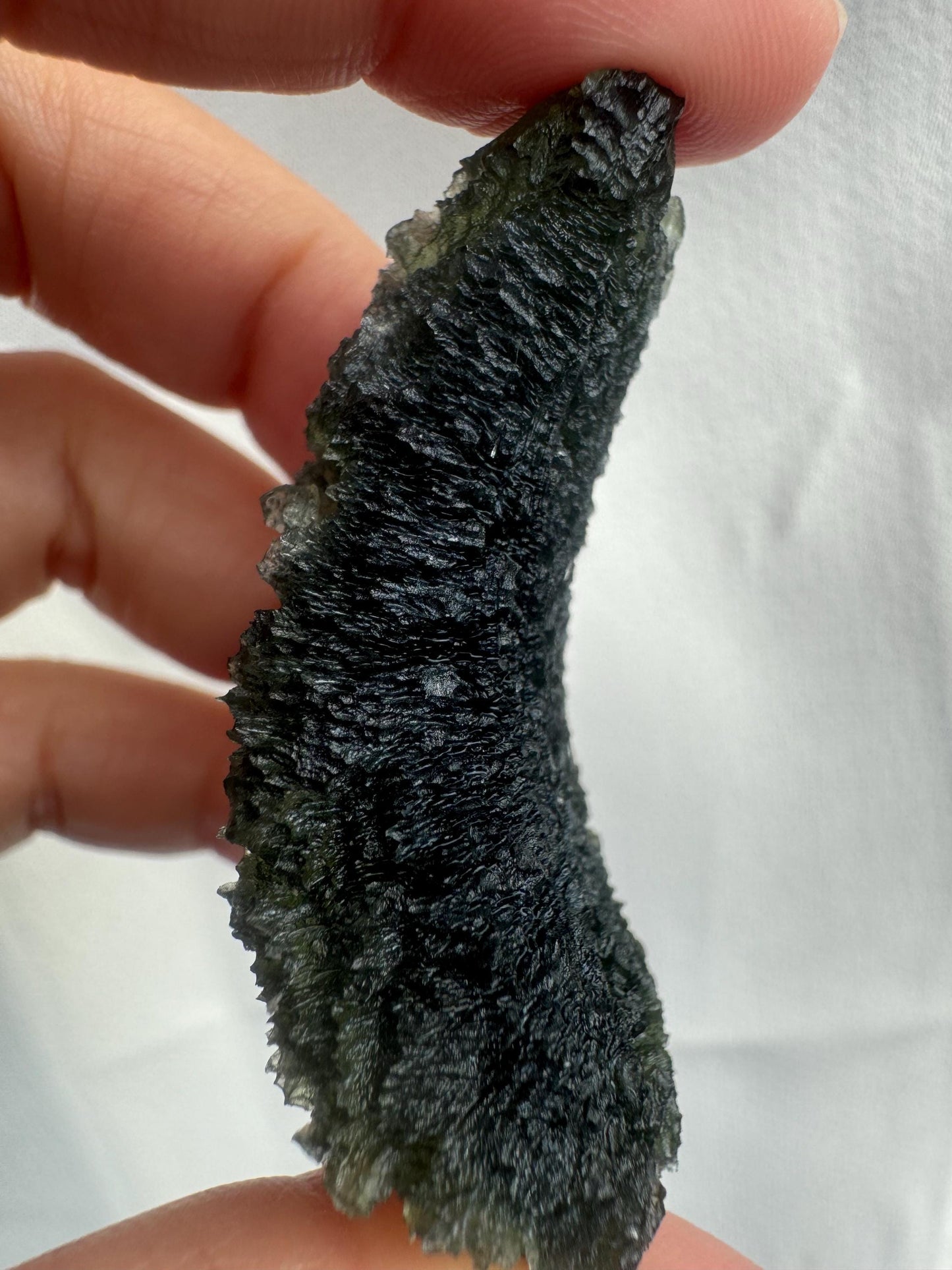 AAA Quality Moldavite Crystal: Besednice Curving Drop, 24.55g
