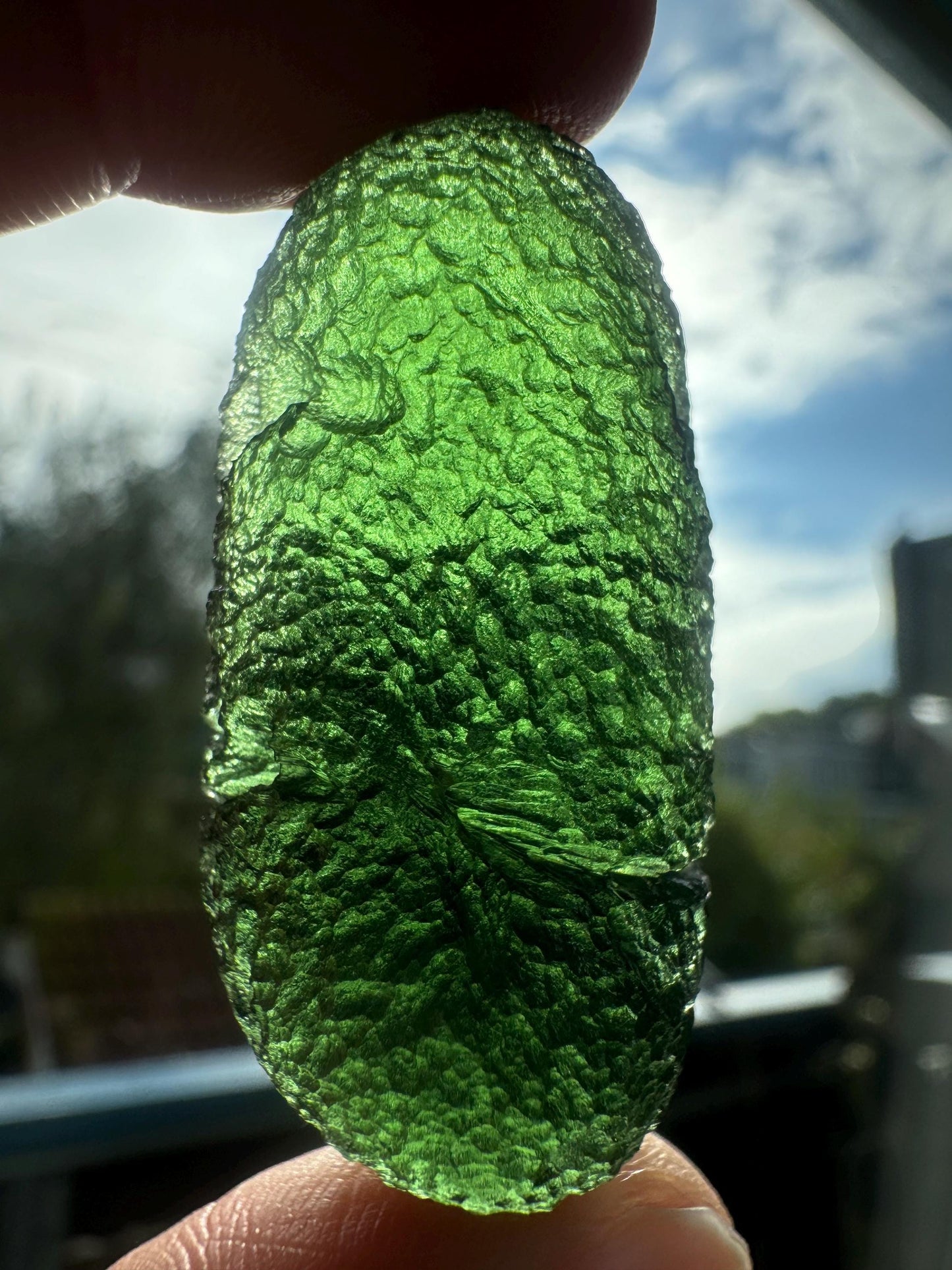 Moldavite from Chlum pickle shape  20.12 rare - poison green blue hue AAA class