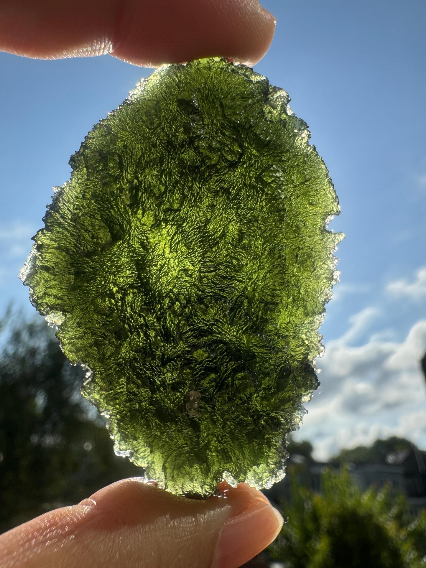 Moldavite Marouskovo Pole - 42.8G- deep texture - green and self standing with a hart shape imprint