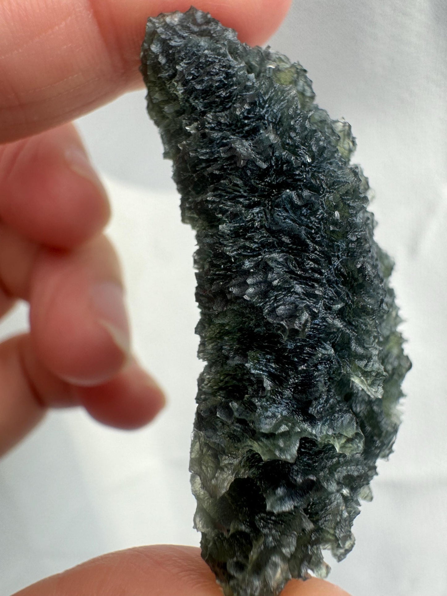 AAA Quality Moldavite Crystal: Besednice Curving Drop, 24.55g