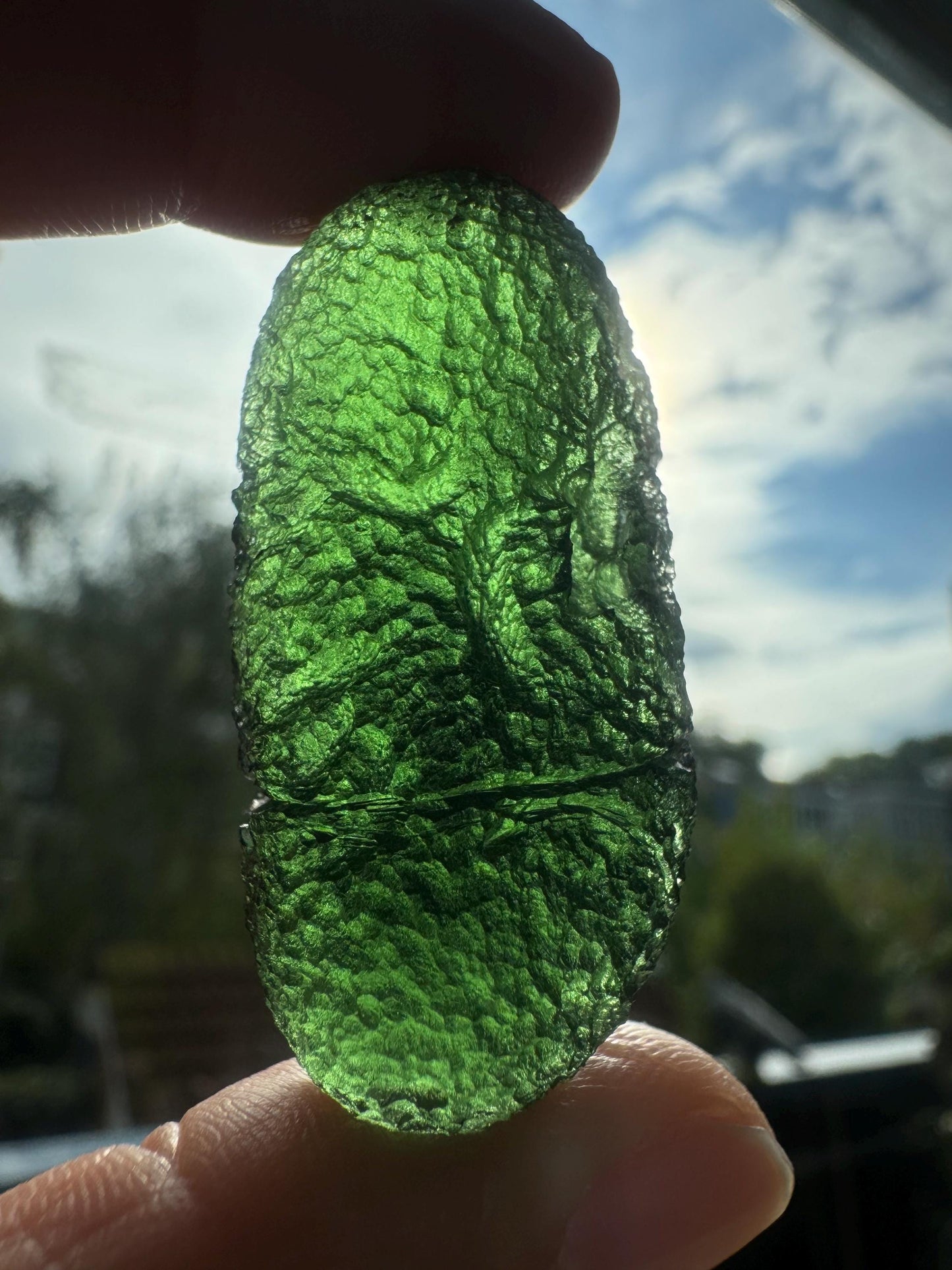 Moldavite from Chlum pickle shape  20.12 rare - poison green blue hue AAA class