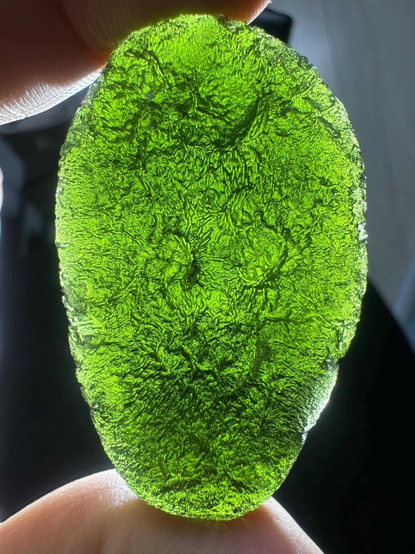 Authentic moldavite Zatacka 45.54g museum grade no damages poison green avocado shape