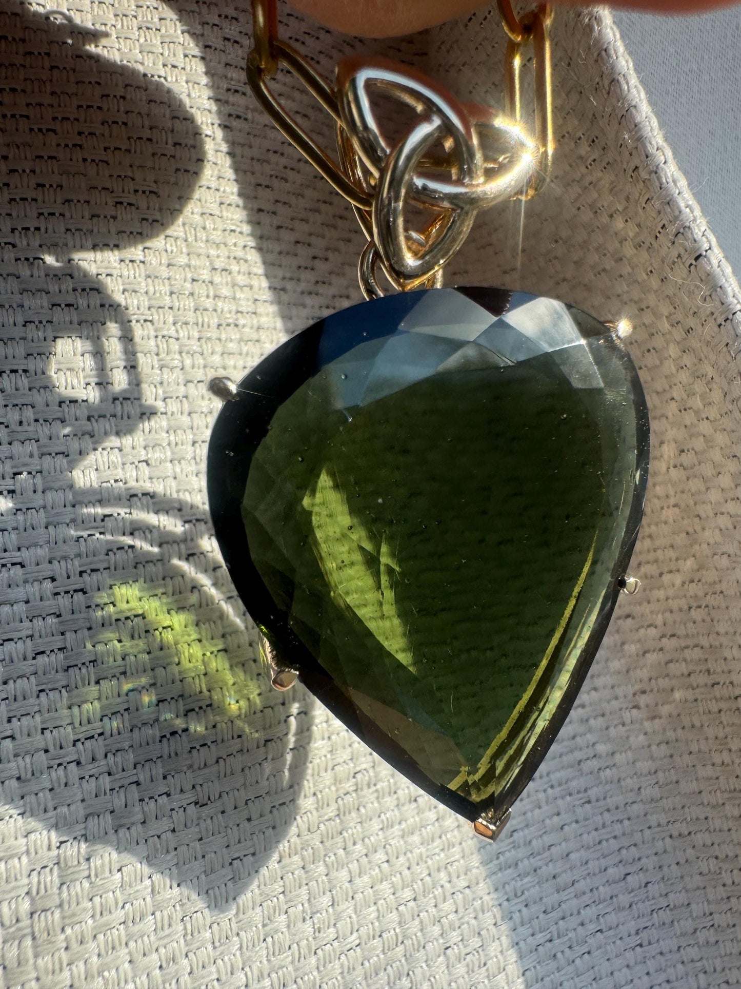 XL Moldavite pendant 14 carat gold setting   Moldavite weight 43.85 carats