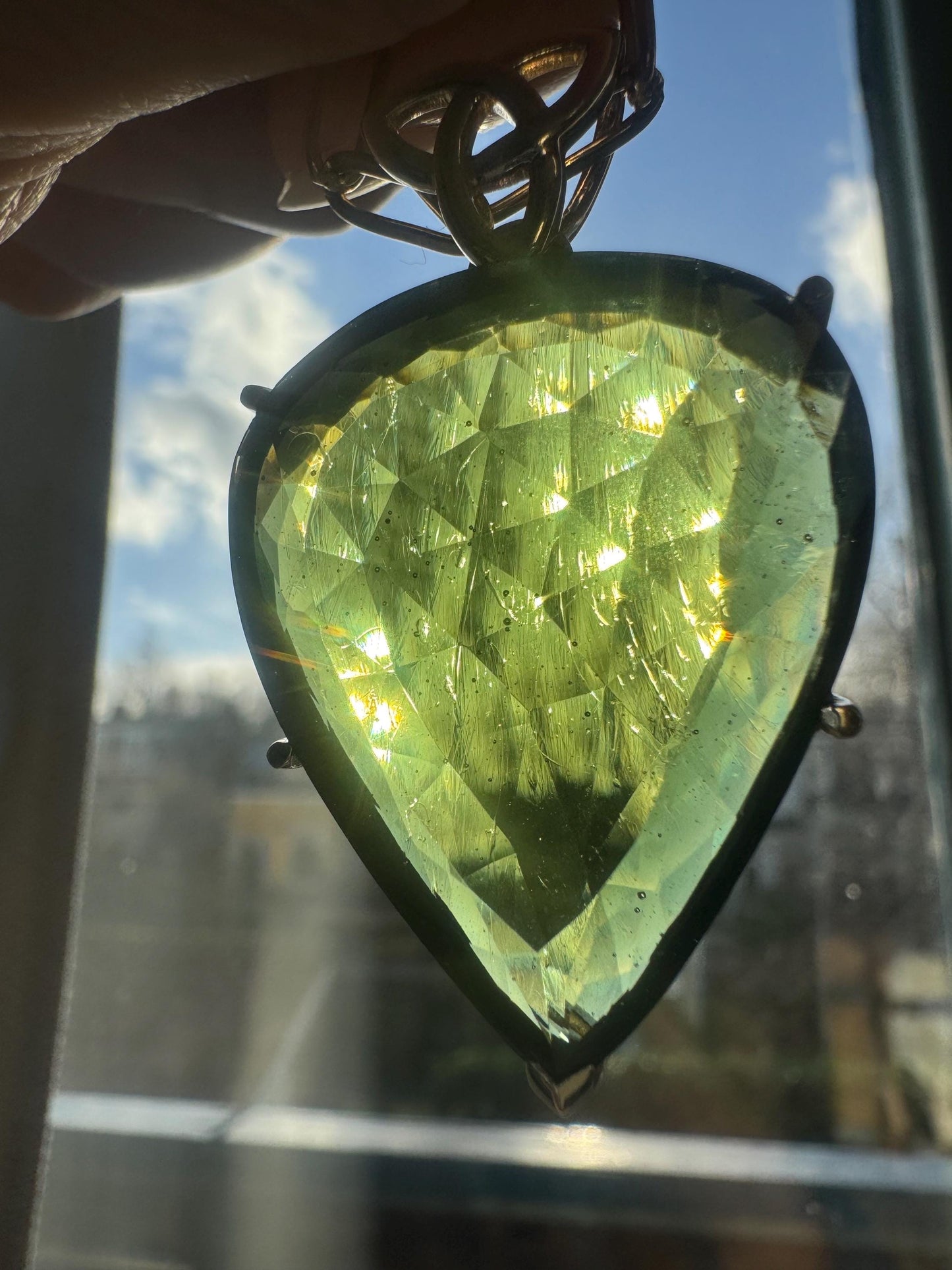 XL Moldavite pendant 14 carat gold setting   Moldavite weight 43.85 carats