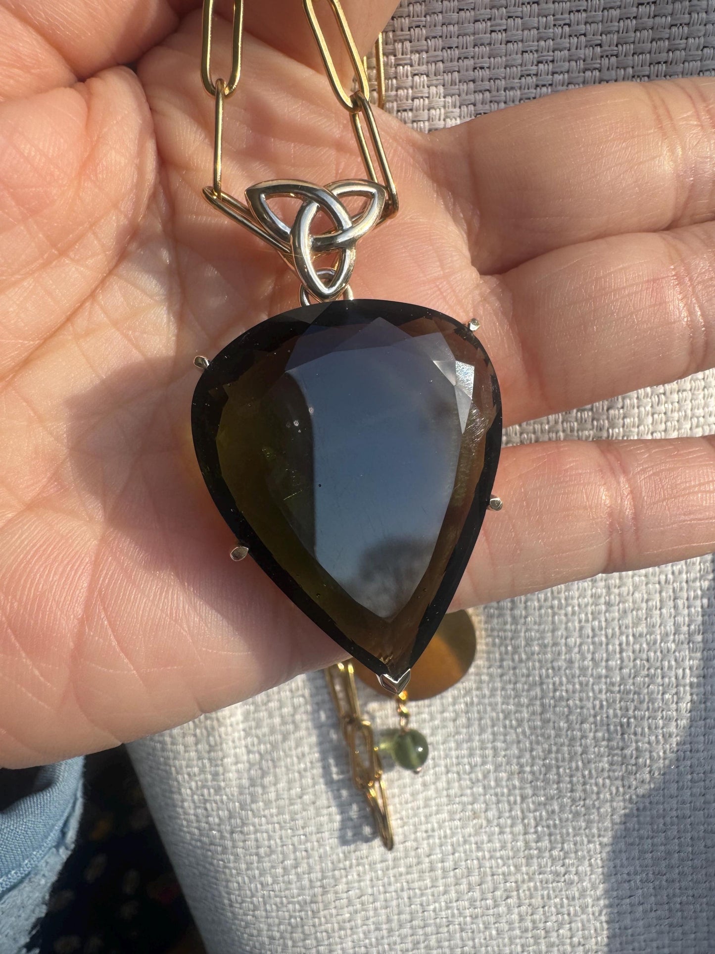 XL Moldavite pendant 14 carat gold setting   Moldavite weight 43.85 carats