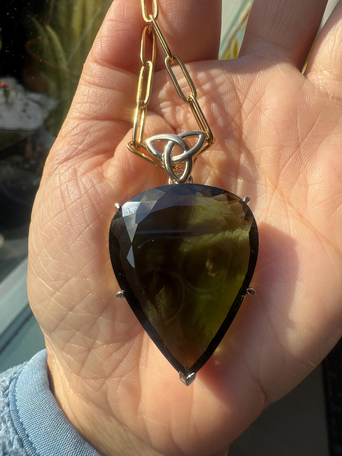 XL Moldavite pendant 14 carat gold setting   Moldavite weight 43.85 carats