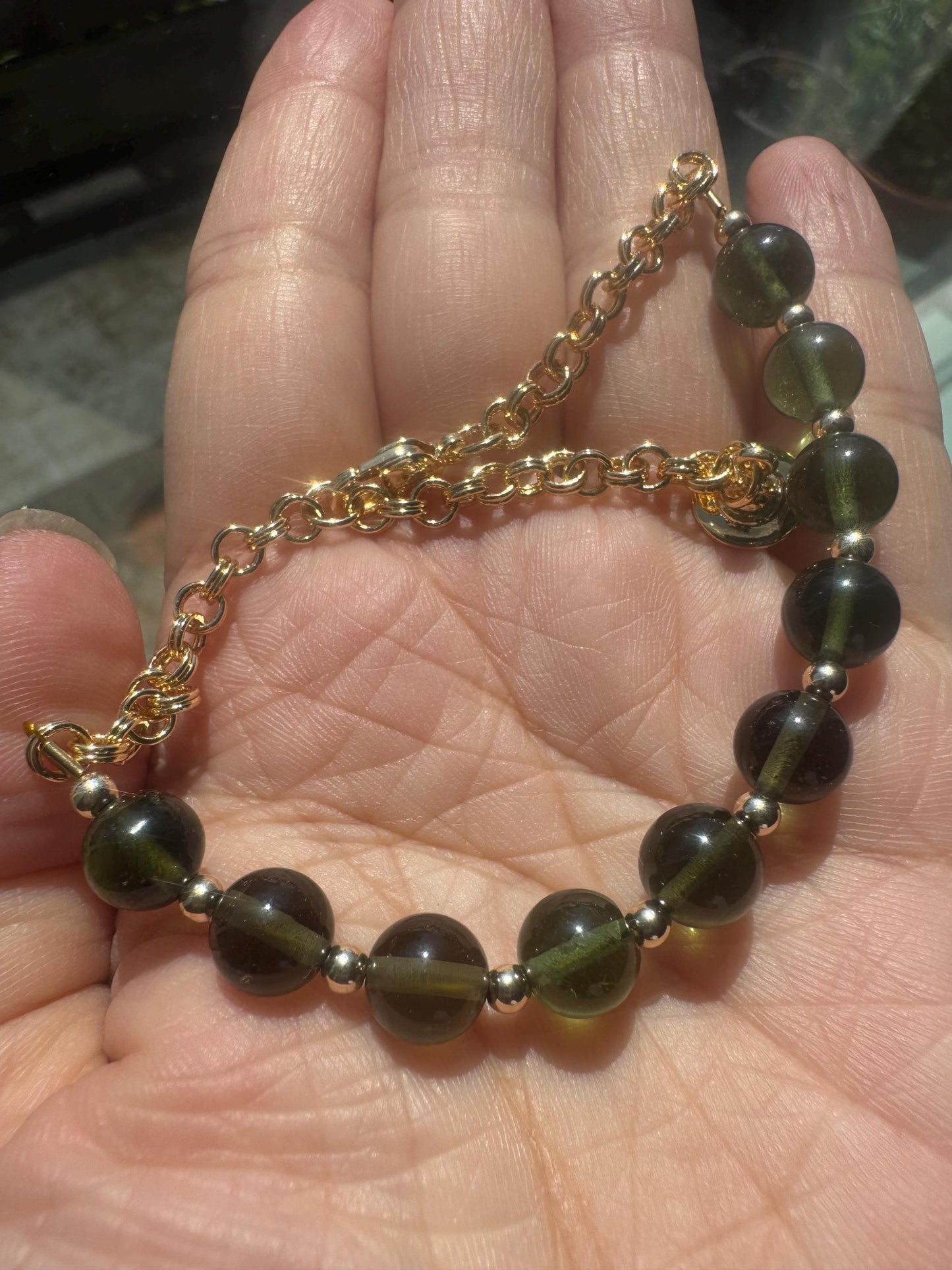 Authentic 7mm Moldavite Bead Bracelet: Gold Plated & Filled