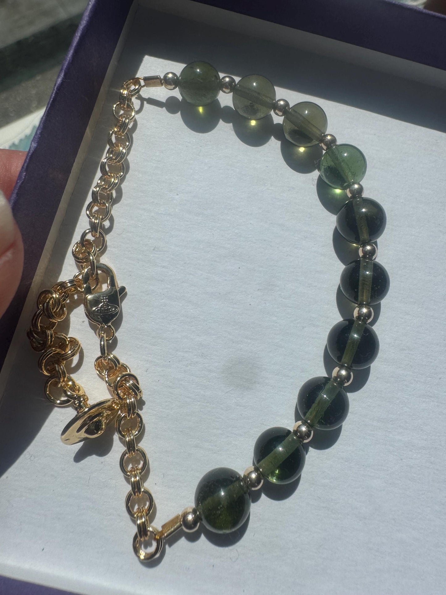 Authentic 7mm Moldavite Bead Bracelet: Gold Plated & Filled