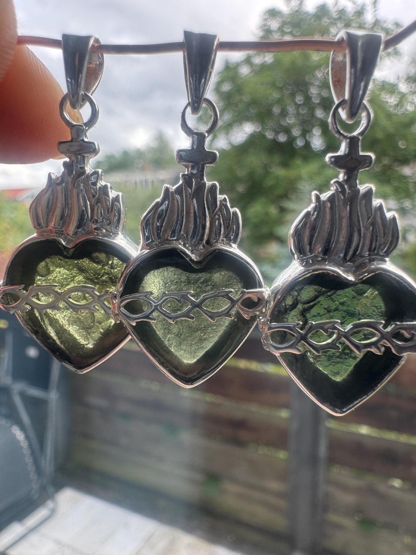 Holy fire heart moldavite pendants 925 silver