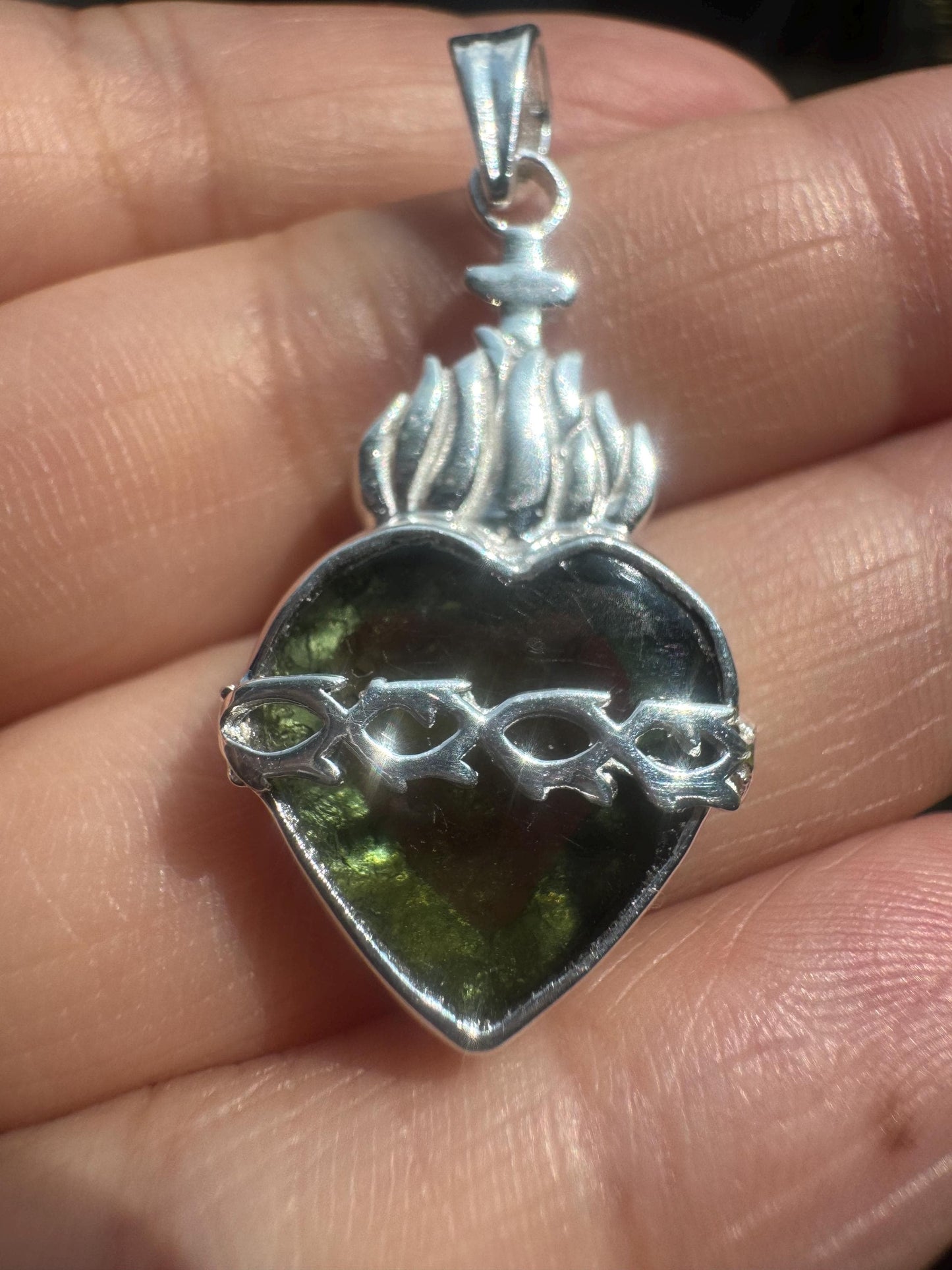 Holy fire heart moldavite pendants 925 silver