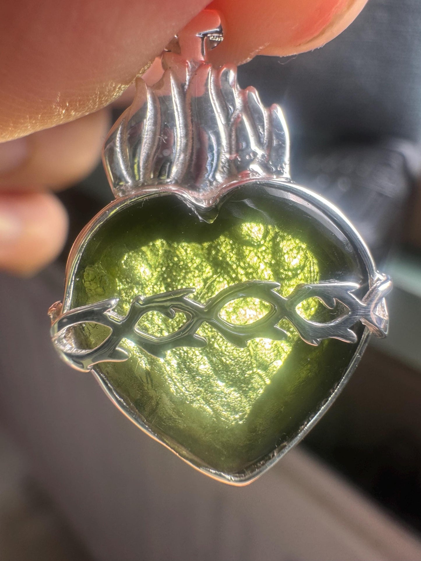 Holy fire heart moldavite pendants 925 silver