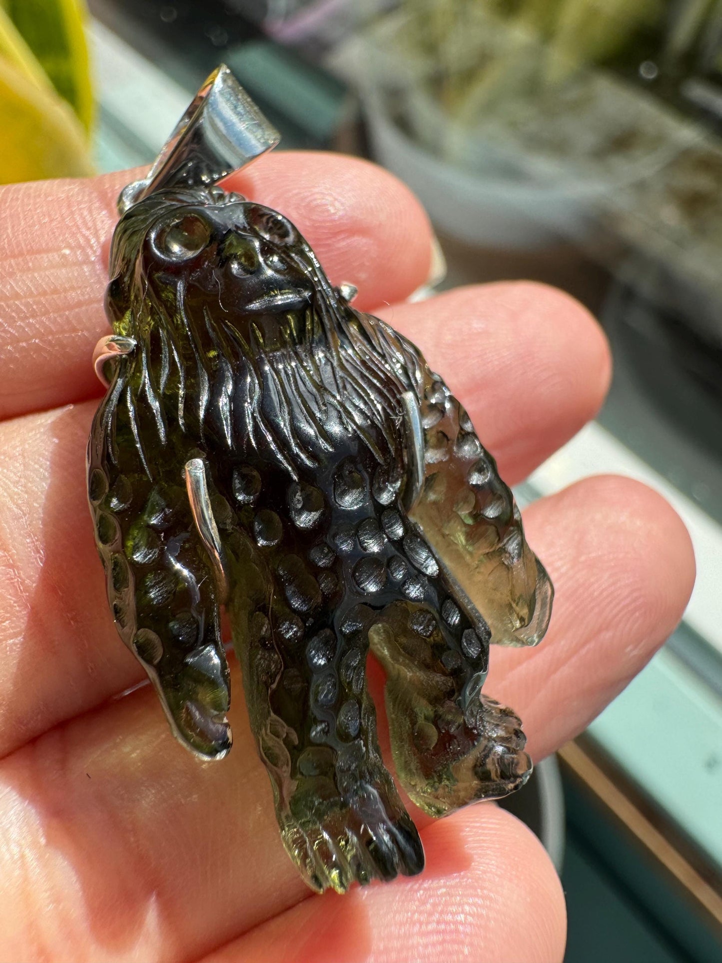 Moldavite carving Bigfoot 42.75 carats super details carved