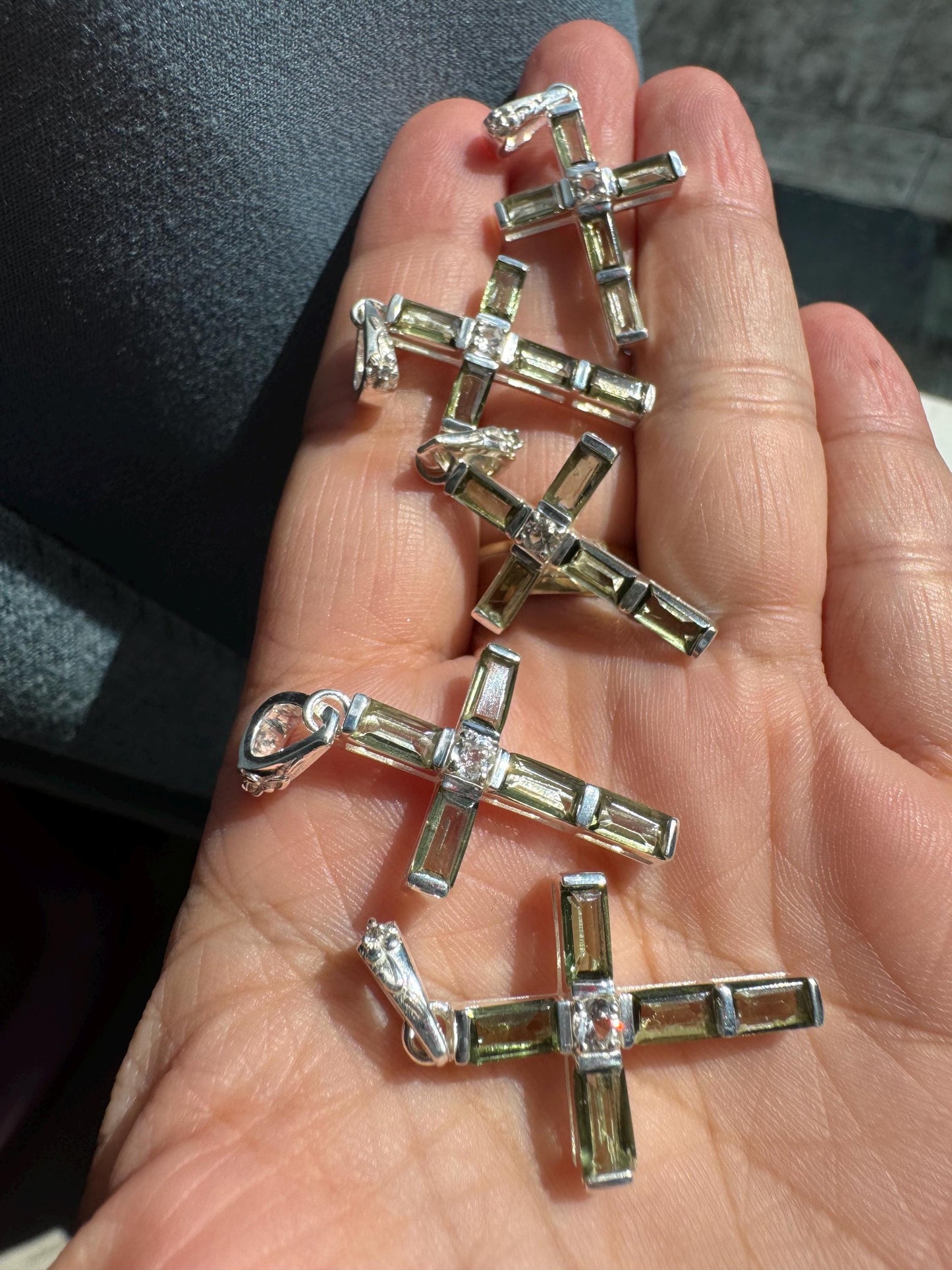 Moldavite and phenakite cross | 925 Sterling Silver