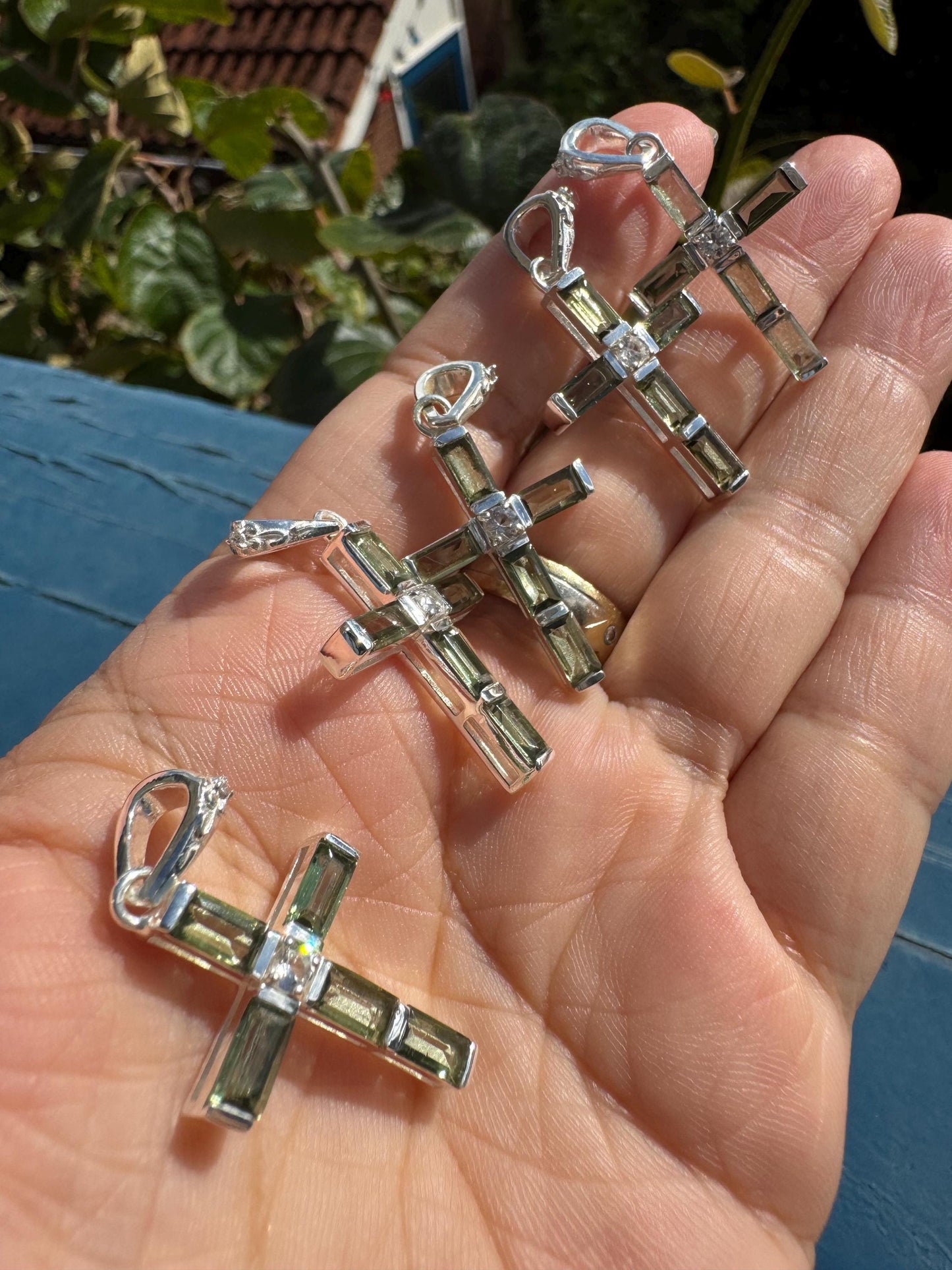 Moldavite and phenakite cross | 925 Sterling Silver