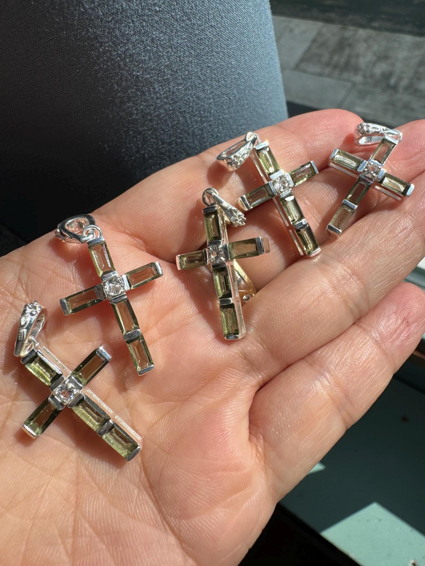 Moldavite and phenakite cross | 925 Sterling Silver
