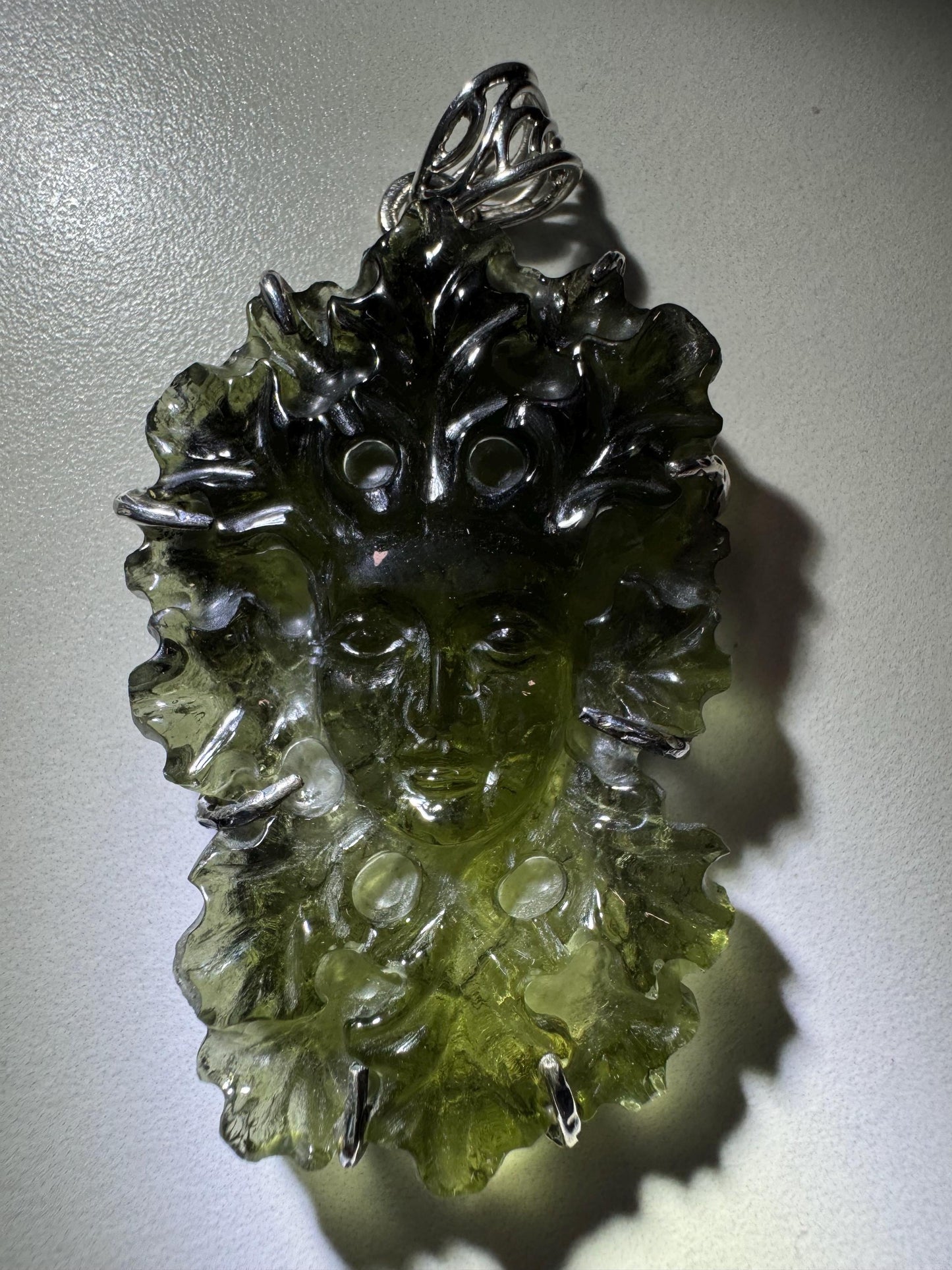Natural Moldavite Green Man Carving Pendant — 13.01 g — Set in 925 Sterling Silver — Authentic Czech Moldavite