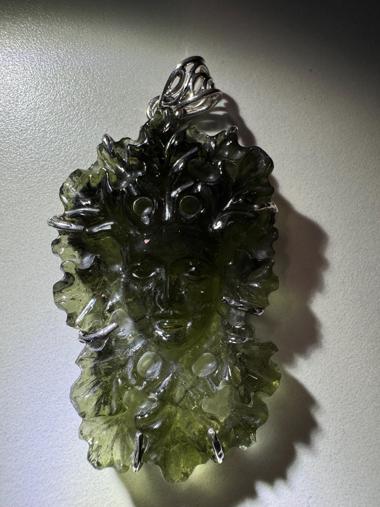 Natural Moldavite Green Man Carving Pendant — 13.01 g — Set in 925 Sterling Silver — Authentic Czech Moldavite