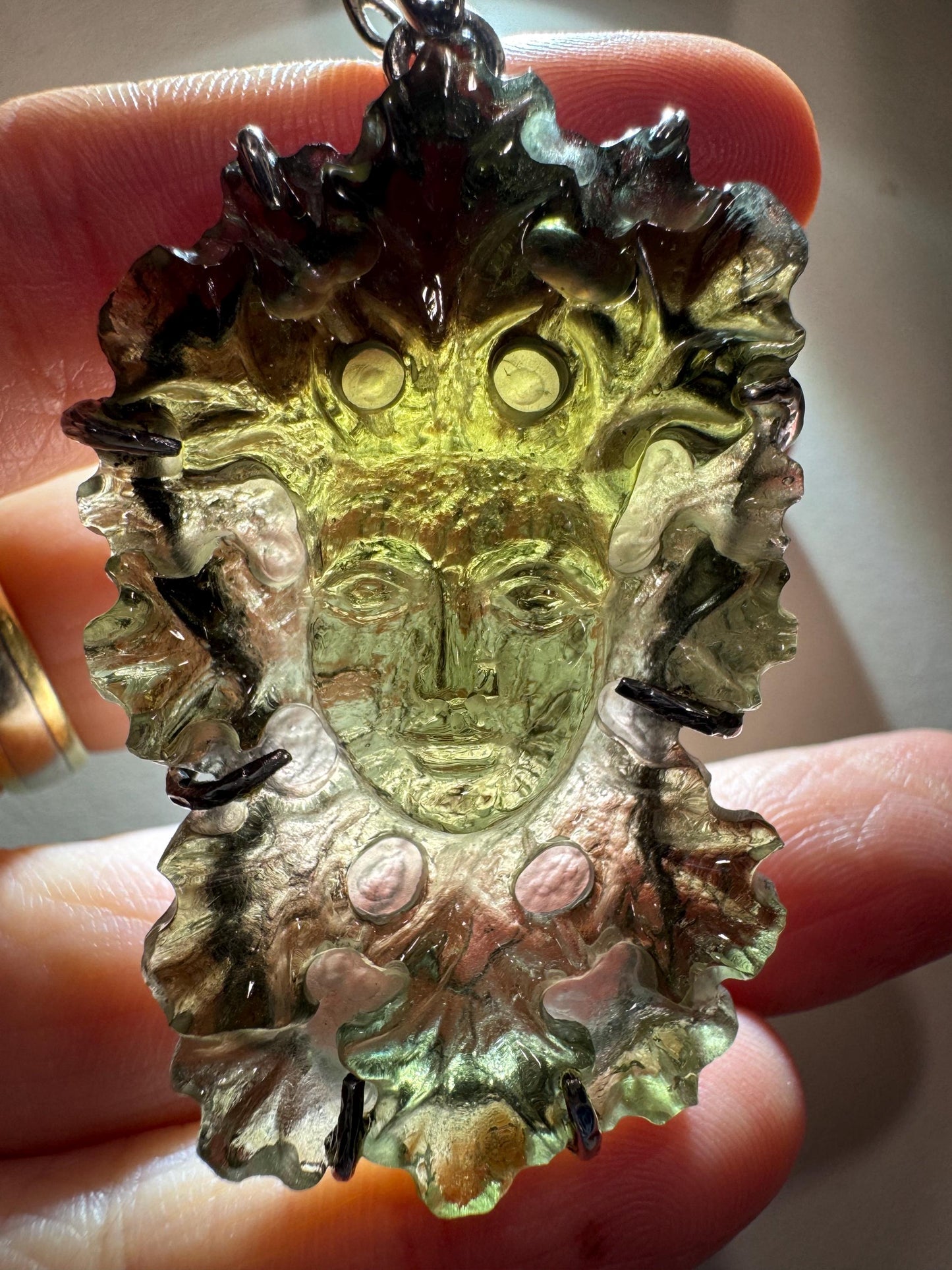 Natural Moldavite Green Man Carving Pendant — 13.01 g — Set in 925 Sterling Silver — Authentic Czech Moldavite