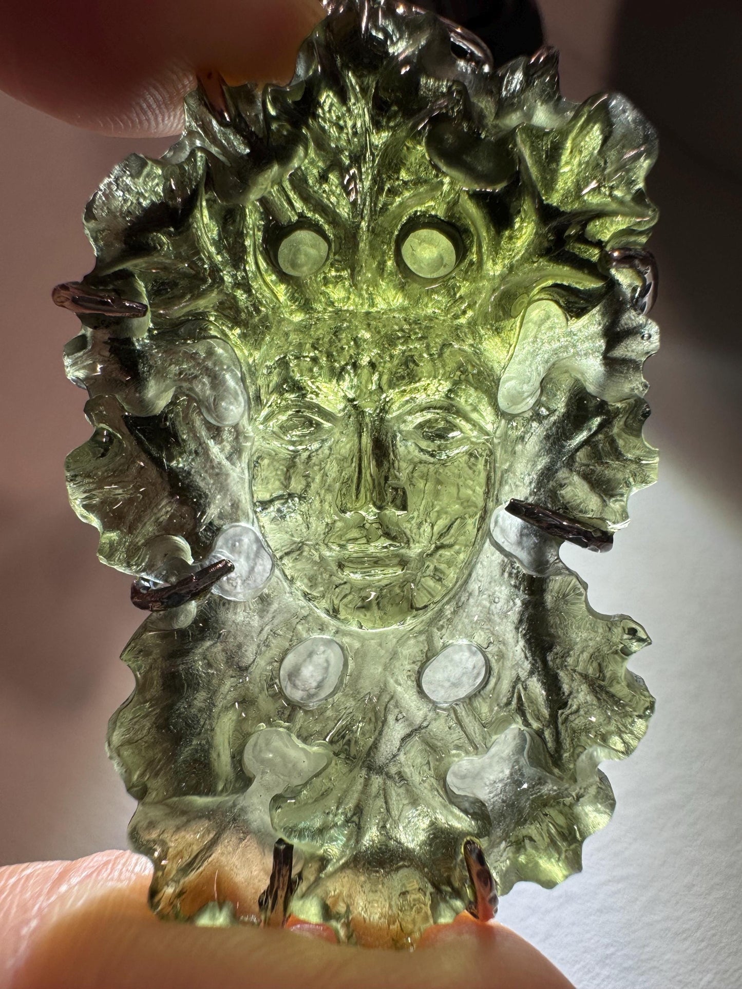 Natural Moldavite Green Man Carving Pendant — 13.01 g — Set in 925 Sterling Silver — Authentic Czech Moldavite
