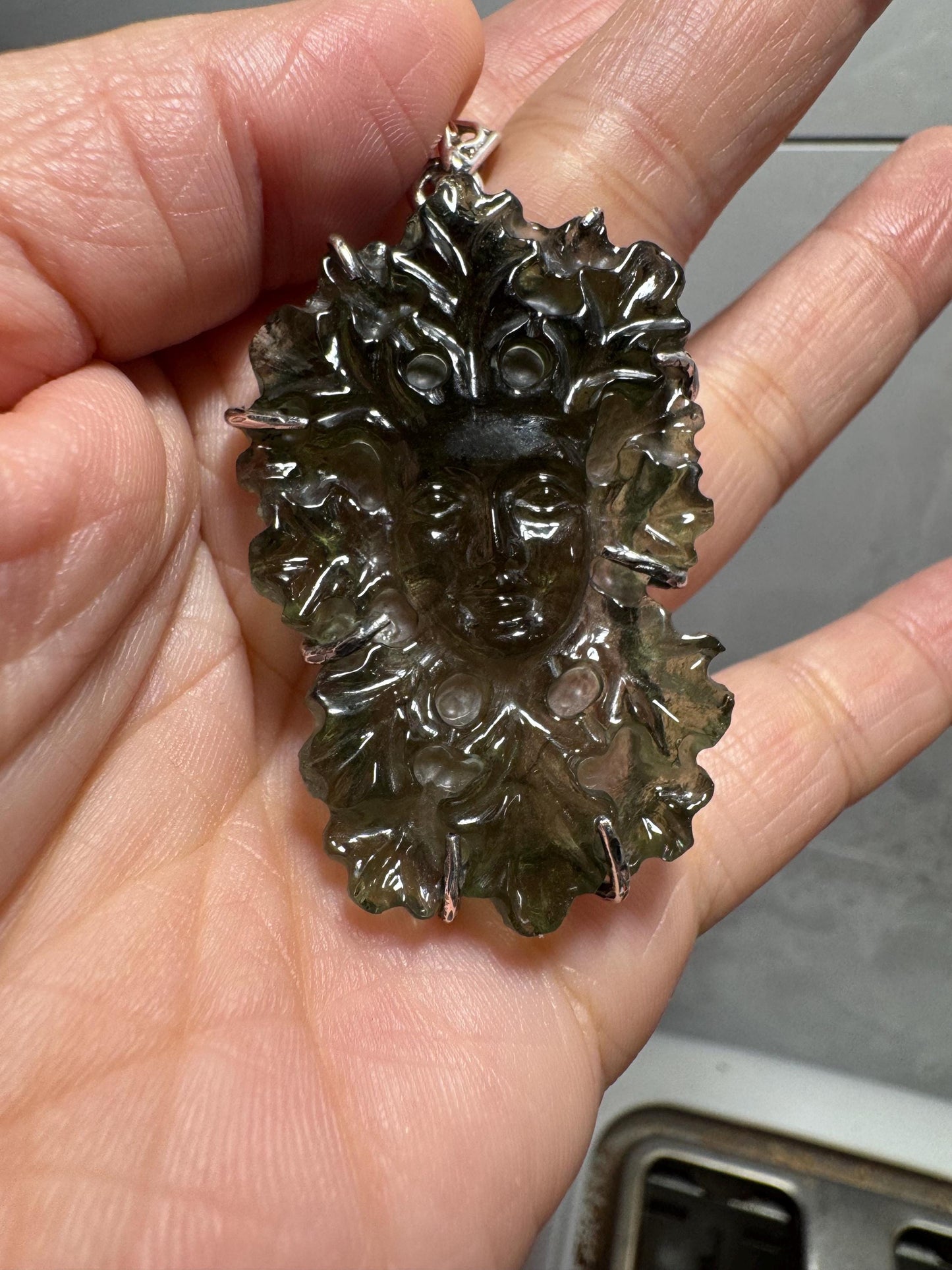 Natural Moldavite Green Man Carving Pendant — 13.01 g — Set in 925 Sterling Silver — Authentic Czech Moldavite